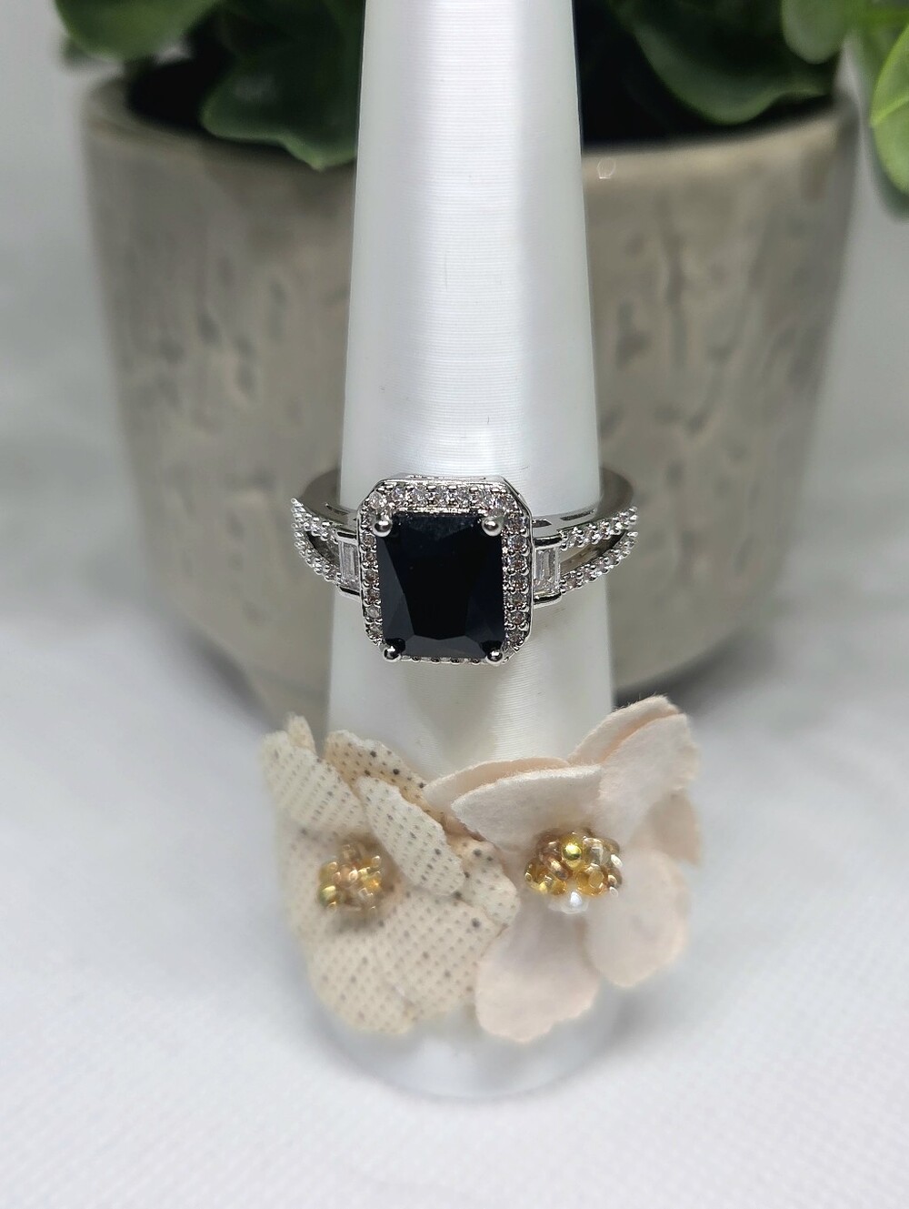 Elegant Emerald-Cut Black Onyx Halo Ring in Silver Tone